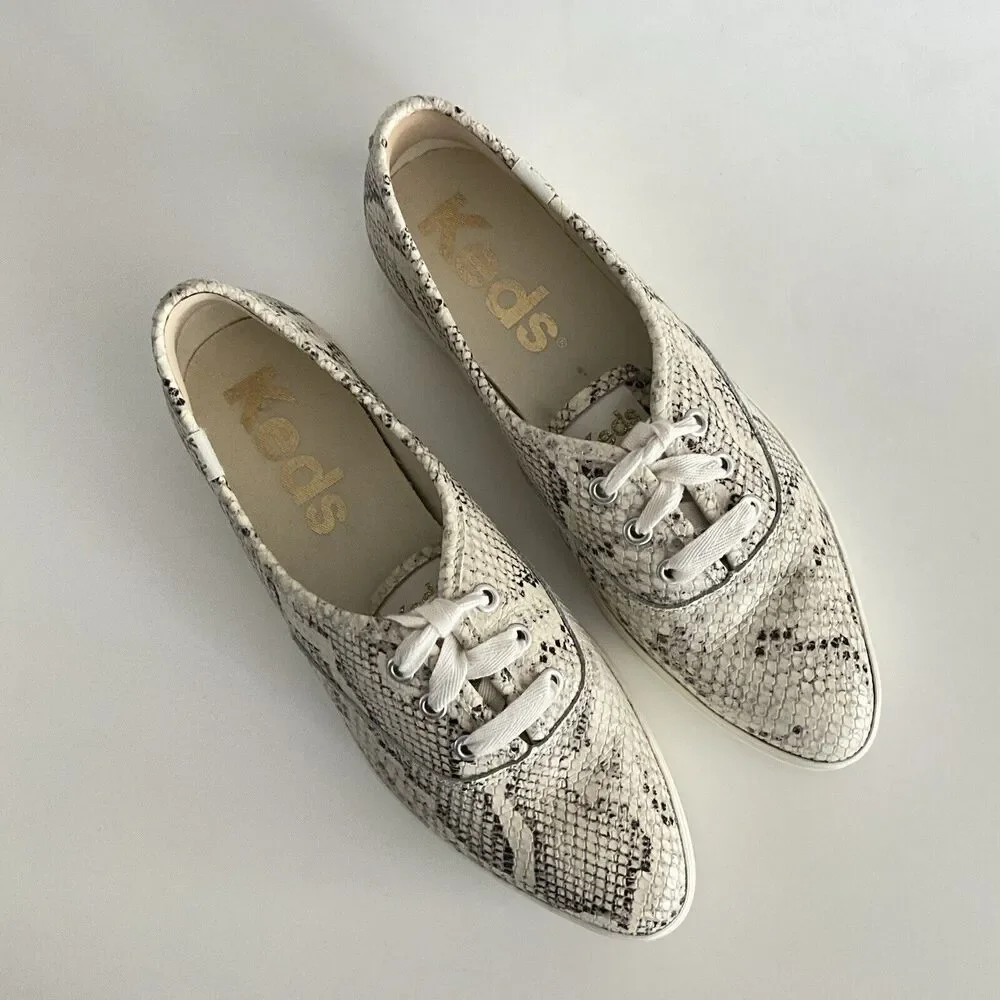 Keds Leather Platform Sneakers Snake Print Point-toe Light Beige 8